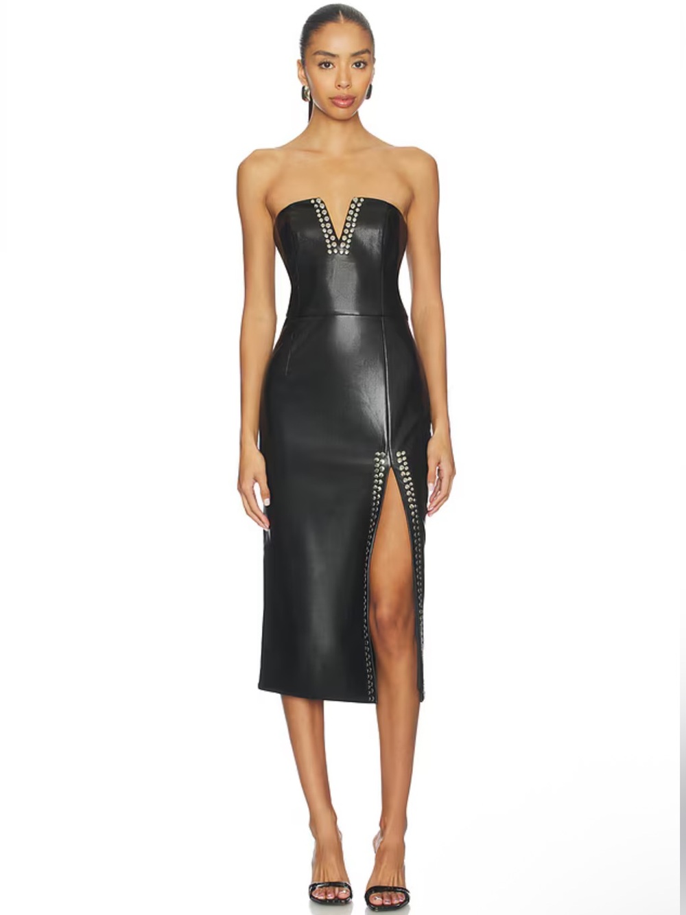 Generation Love Black Strapless Faux Leather Midi Dress with Stud Trim